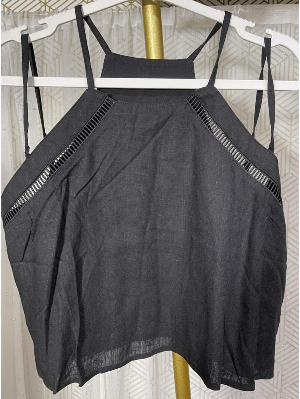 Halara Black Linen Blend Cropped Tank Top High Neck Sleeveless Size M EUC